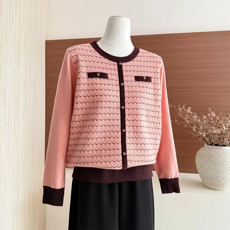 Mature Women Round Neck Sweater Autumn Contrast Color Loose Long Sleeve Knit Top