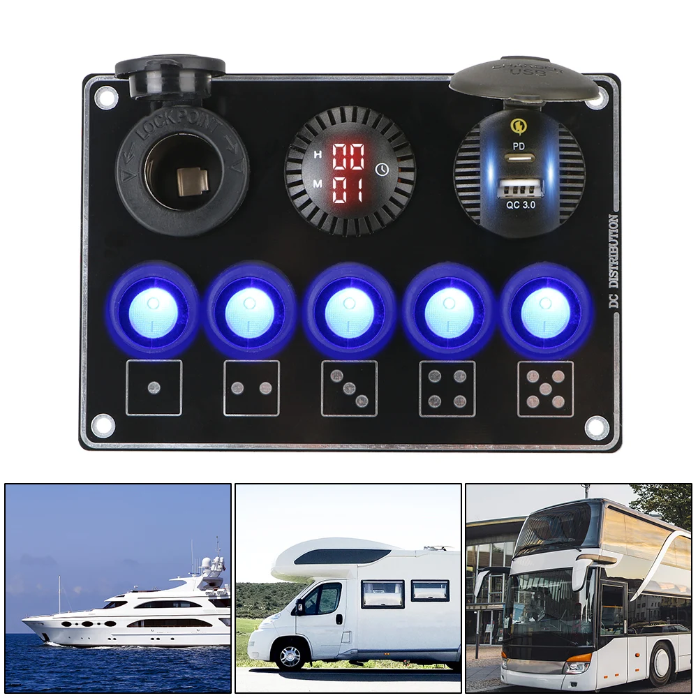 For RV Car Marine 12/24V LED Voltage Display Car Switch Panel 5 Gang