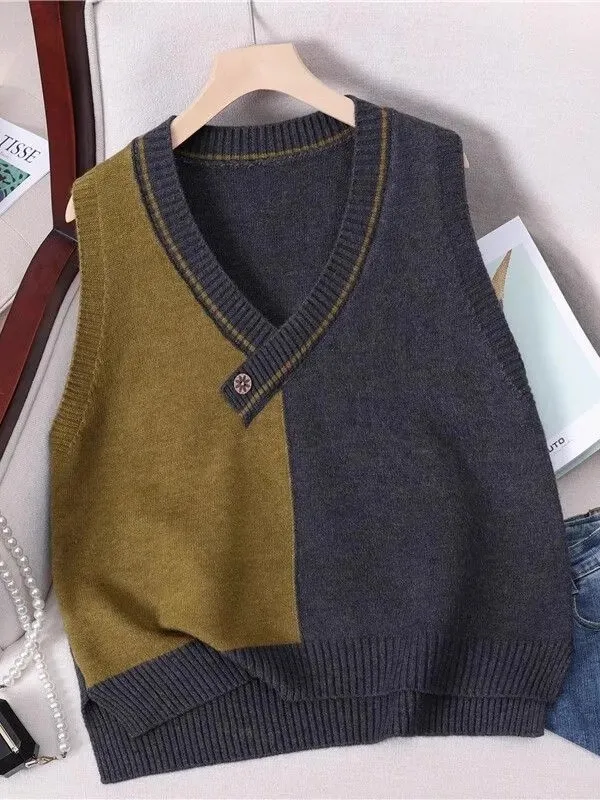 Color Block Knitted Vest Top V-Neck Sleeveless Women's Fashionable Versatile Spring Autumn Sweater New Style Trendy Shoulder Pad