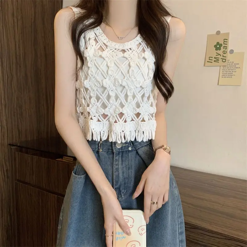 Hook Flower Hollow Out Knitted Camisole Women Summer New Embroidery Solid Sleeveless Vest Korean Style Chic Tassel Crop Tops