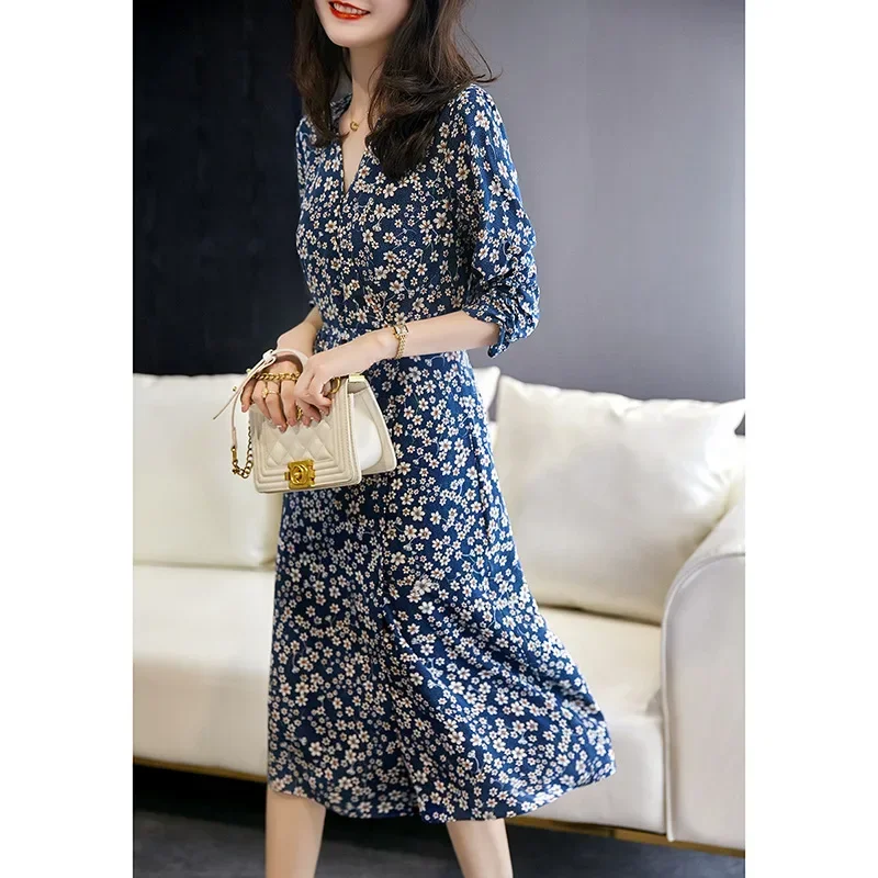 Printed Clear Pear Flower French Style Slimming Mulberry Silk Tea Break Dress Women V-neck Summer Tea Break Dress Blue Floral