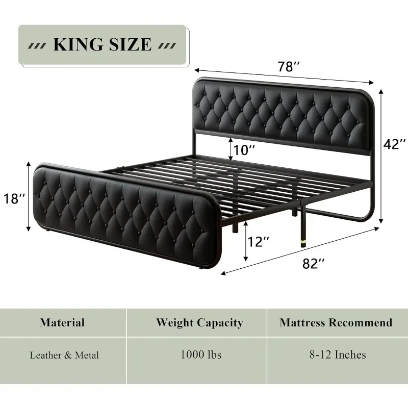 King Size Bed Frame, Heavy Duty Bed Frame with Faux Leather Headboard, Upholstered Platform Bed with Strong Metal Slats