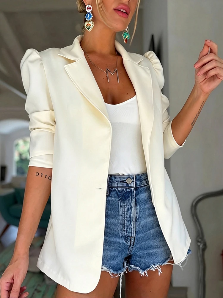Fashion Collar Bubble Sleeve Outwear 2026 Autumn Comfortable Outdoor Coat Simple Solid Color Buttonless Office Commuting Jacket