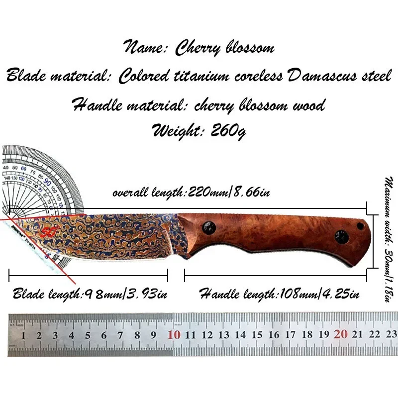 Damascus Steel Fixed Blade Knife Deer Antler / Cherry Blossom Handle Collection Straight Hunting Knifes With Leather Case