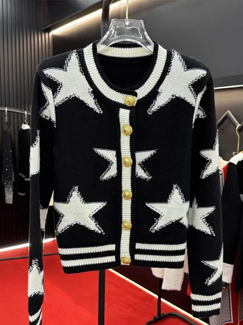 Europe\'s Fashion Black Five-pointed Star Knitted Short Jacket Elegant Women Cardigan Coats Long Sleeve Sweater Autumn Winter Top