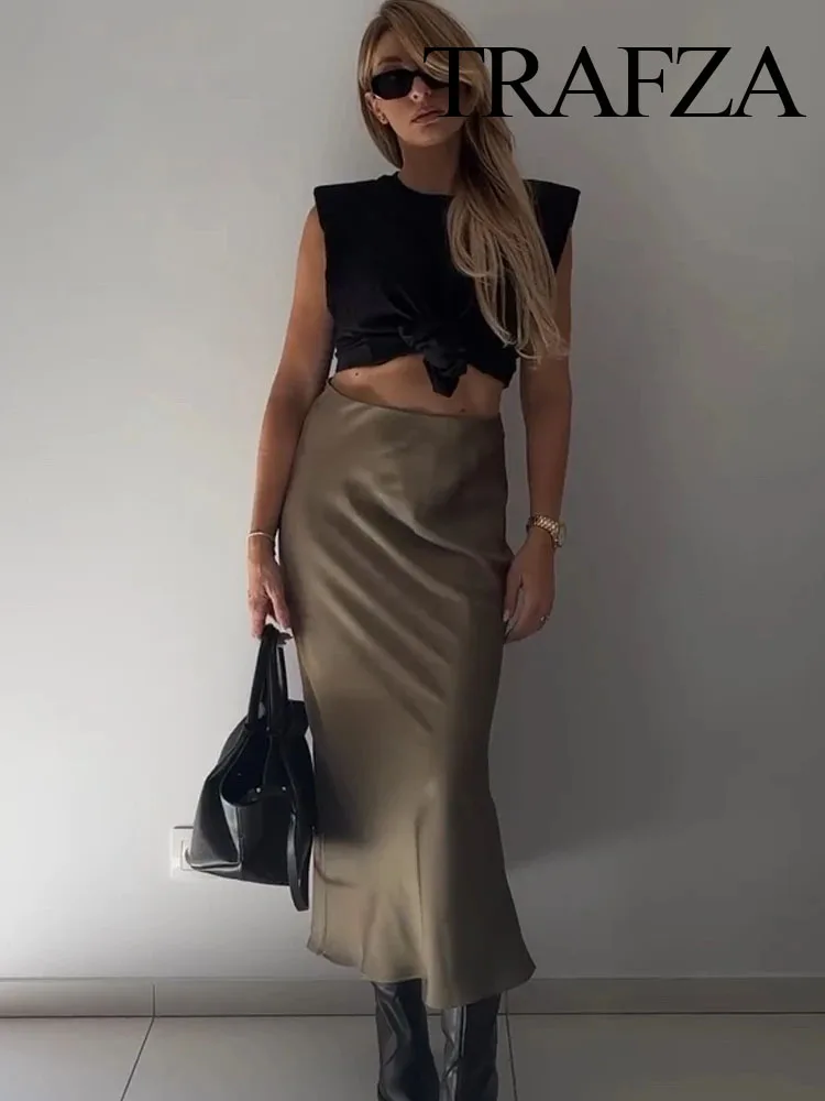 TRAFZA Women New Fashion Skirts 2024 Solid Satin Slim Long Skirt Woman Beach Style Comfortable Streetwear Mermaid Skirts 3 Color