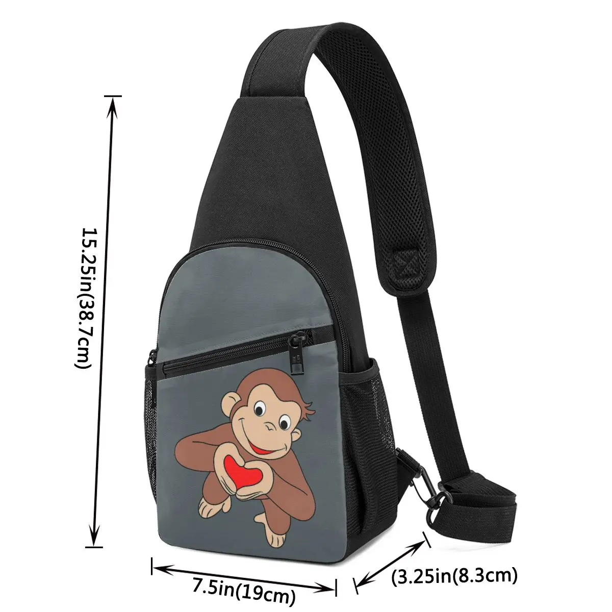 Curious George Is All Heart Chest Bag Men Sling Crossbody Backpack Chest Bag Travel Hiking Daypack Shoulder Bag