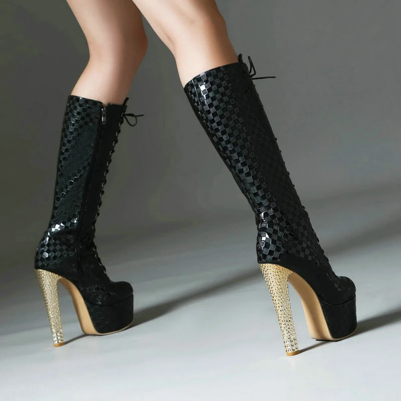 2025 Winter Women Knee High Boots Platform Square High Heel Ladies Calf Boots PU Leather Round Toe Cross Tied Sexy Women Boots
