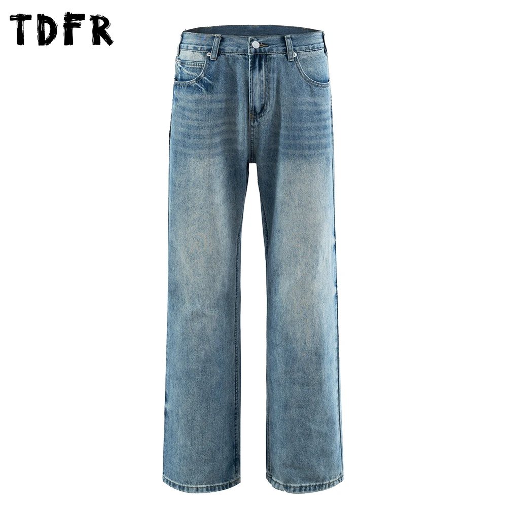 

Retro Washed Distressed Jeans Mens Pocket Streetwear Baggy Straight Wide Leg Blue Denim Pants Men