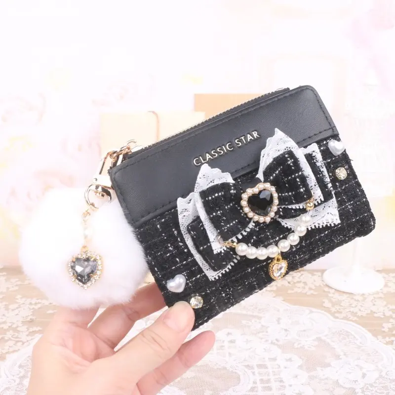 Wallet for Female with Handmade Bow Lolita Y2K Girl PU Leather Women's Card Holder Money Bag Fashion Blow Wallet Purse