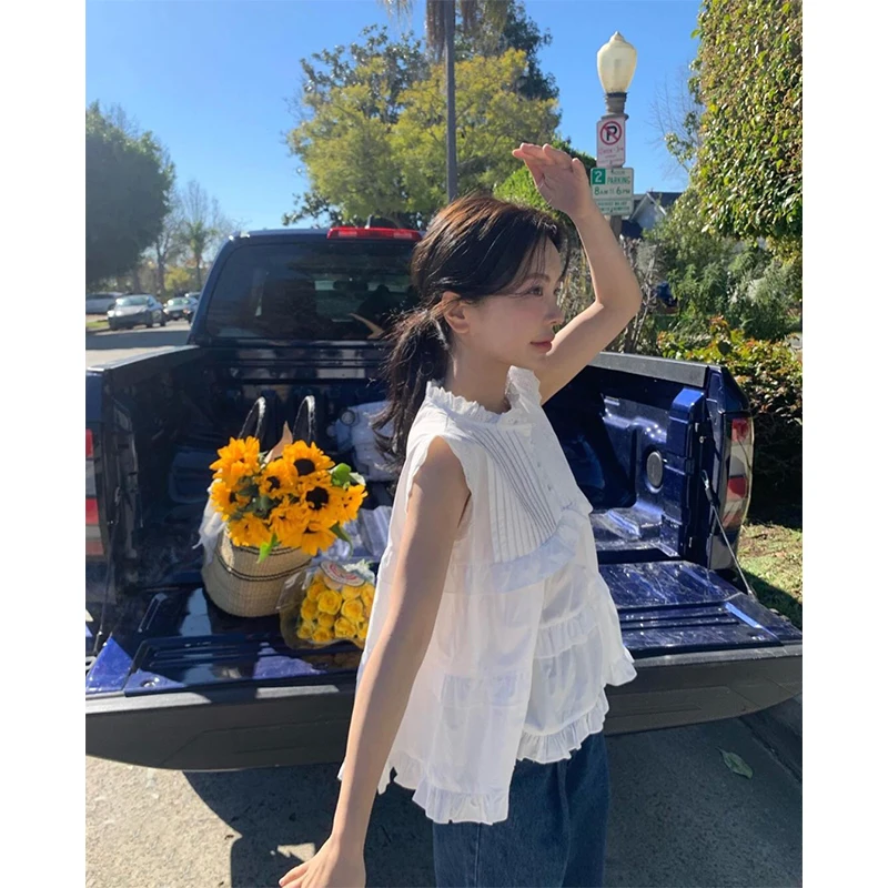 Korean Style Heavy Embellished Ruffle Sleeveless Shirt Top Women's Summer Fashion Casual Chic No-Sleeve Blouse Dress