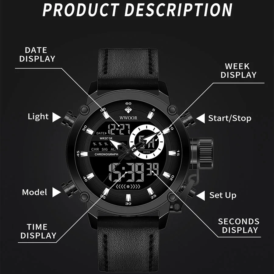 WWOOR Fashion Business Men Watch Sport Chronograph Dual Display Digital Quartz Clock Man Watch Waterproof Male Relogio Masculino