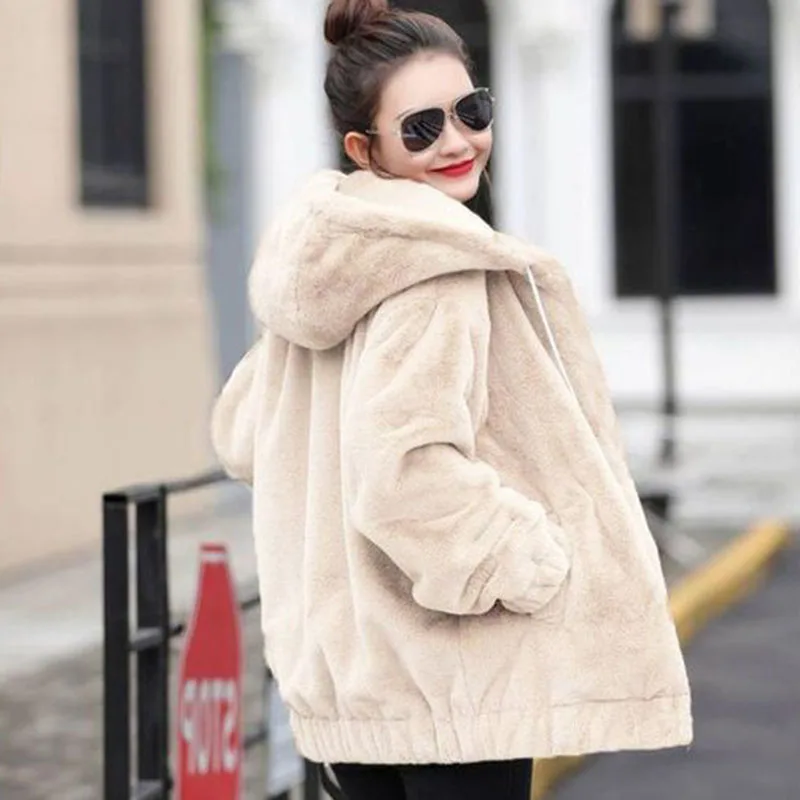 Biyaby Winter New Hooded Fur Jacket Women Vintage Thickened Warm Plush Coat Ladies Fashion Streetwear Zipper Outerweat Femme