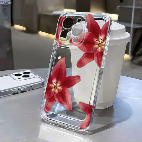 Прозрачный чехол для телефона с цветочным принтом «Красная лилия» для Samsung A56 5G A36 S26 S25 Ultra S24 FE S23 S22 A55 A54 A35 A17 A16 A15 A26