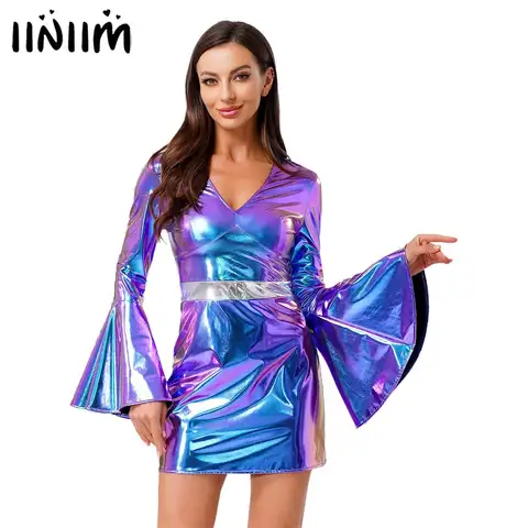 Womens Retro 70s Disco Bodycon Tight Dress V Neck Flared Sleeve Crystal Decor Metallic Shiny Dress for Club Raves Party Costume