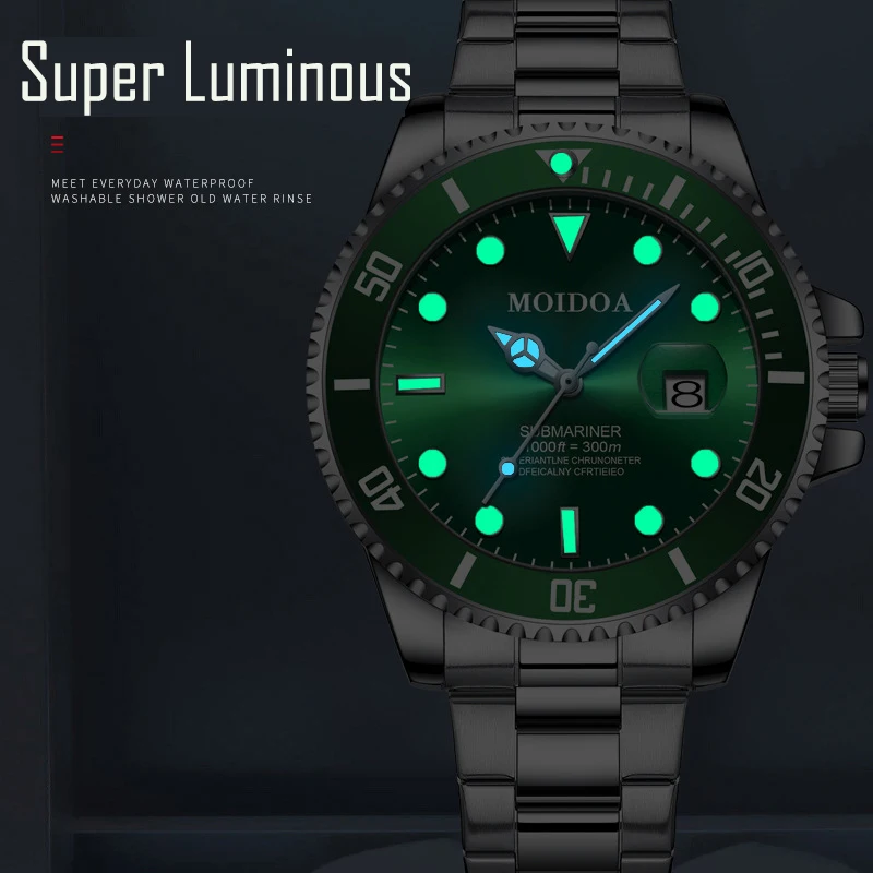 ساعة رياضية رجالية متعددة الوظائف بتقويم مضيء باللون الأخضر مقاومة للماء بآلية كوارتز بسوار فولاذي مع علبة مجوفة