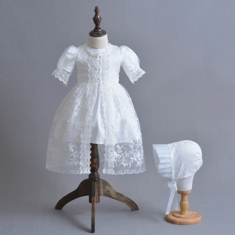 Brand 3pcs Baby Girls Dresses With Hat Baby Girl 1 Year Birthday Clothes Baptism Lace Christening Ball Gown RBF174001