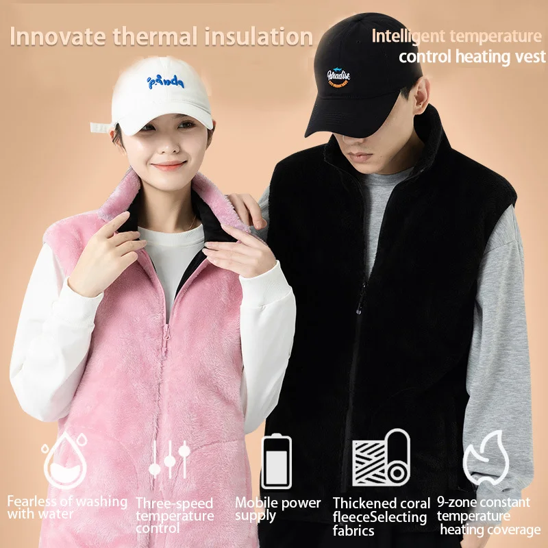 

9 Areas Women Men Sleeveless Self Heating Thermal Coral Velvet Vest Smart Heating Jacket Coral Fleece Vest Warmte Plush Coat
