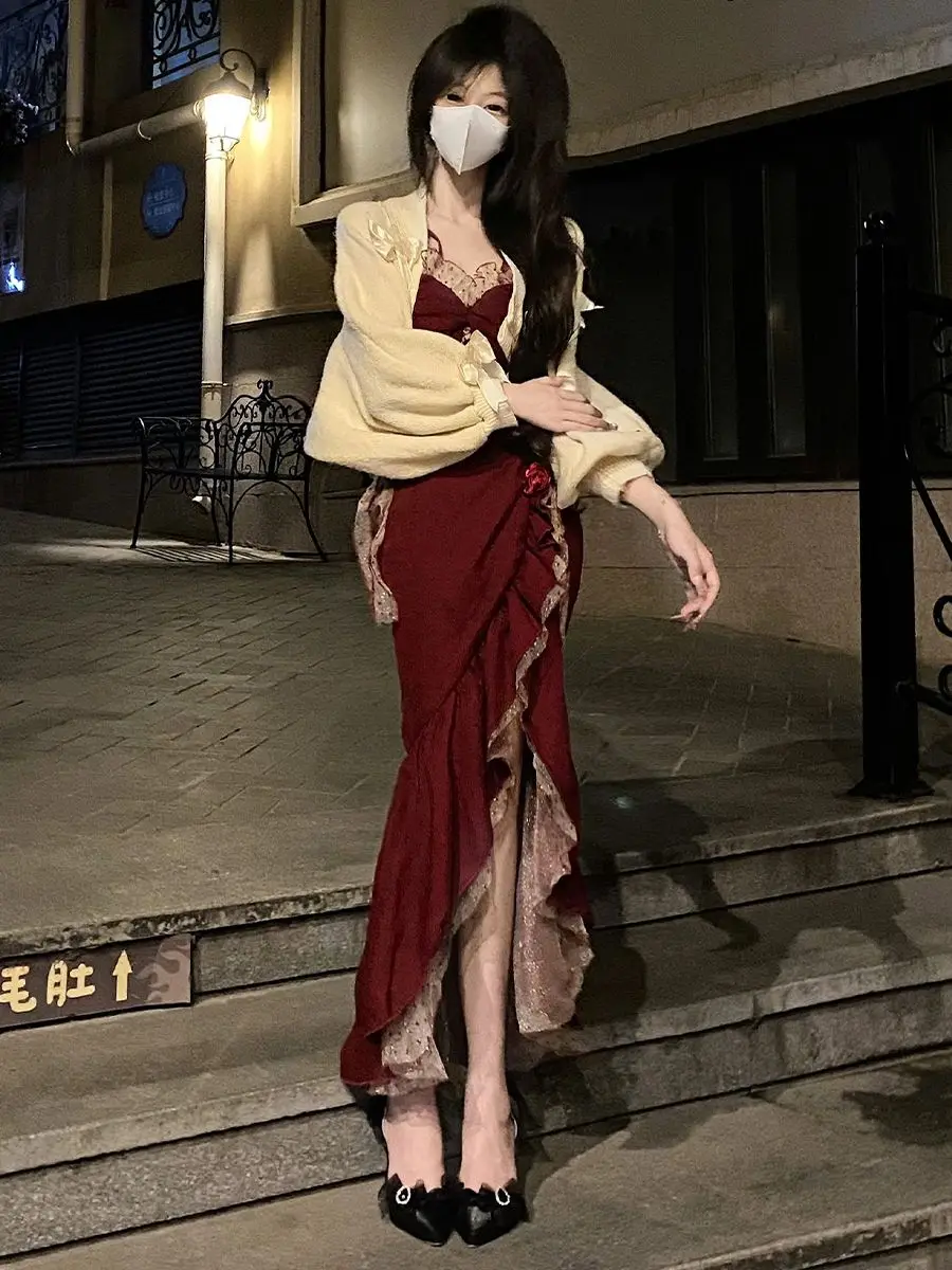 Autumn-Winter New Arrival: Vintage, Pure-Desire Spliced Wine Red Suspender Dress - Spicy Girl Style, Bodycon, Sexy with a Slit