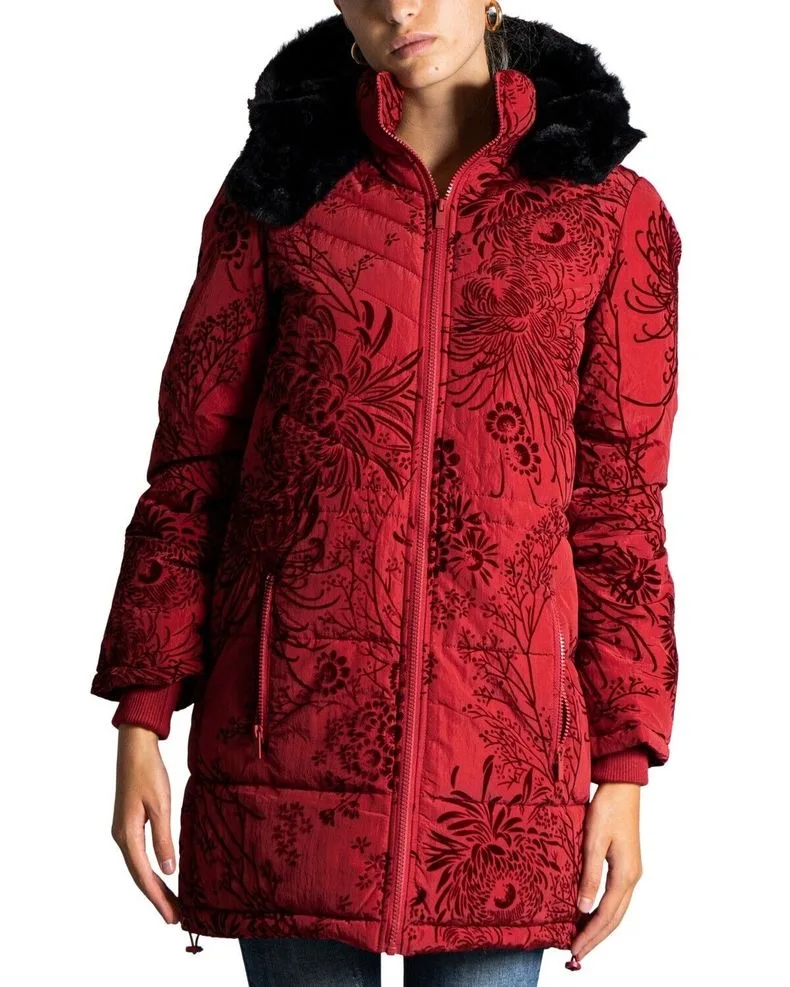 Foreign Trade Spain D Women's Cotton Jacket Red Gold Velvet Splicing Dark Flower Embroidery Hoodie Thickened Medium Length