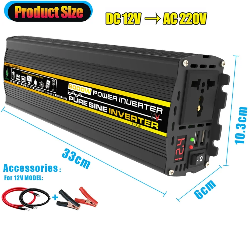 3000/4000/6000/8000W Intelligent Power Inverter Dual USB Vehicle Smart Inverter Pure Sine Wave DC 12V To AC 220V for Car Auto RV
