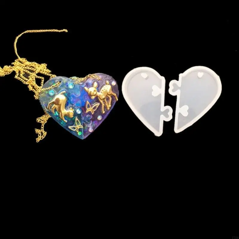 

77HE 10 Pieces Couples Keychains Heart Silicone Mold with Hole Lovers Puzzle Pendant Casting Molds for DIY Craft