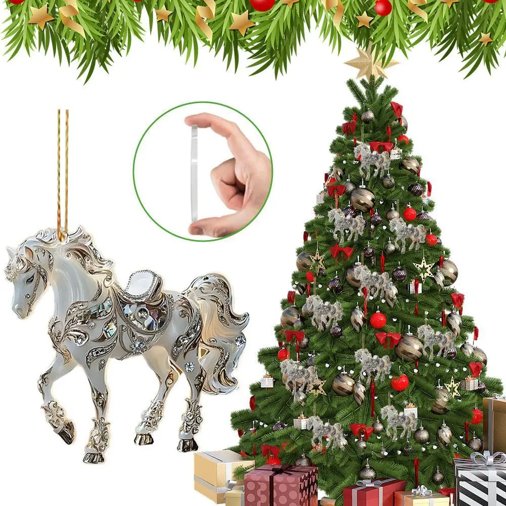 2D Exquisite White Horse Acrylic Home Decoration Backpack Keychain Flat Car Rearview Mirror Pendant Hanging Christmas Tree Deco