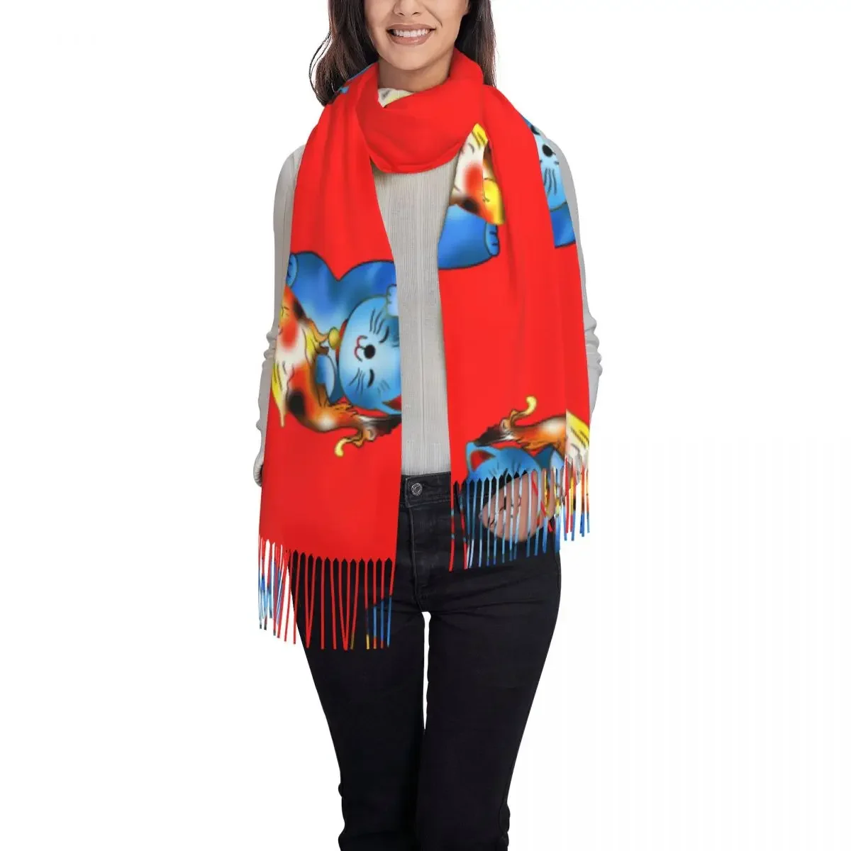 Right Paw Blue Maneki Neko With Fish Tassel Scarf Women Soft Lucky Cat Shawls Wraps Lady Winter Scarves