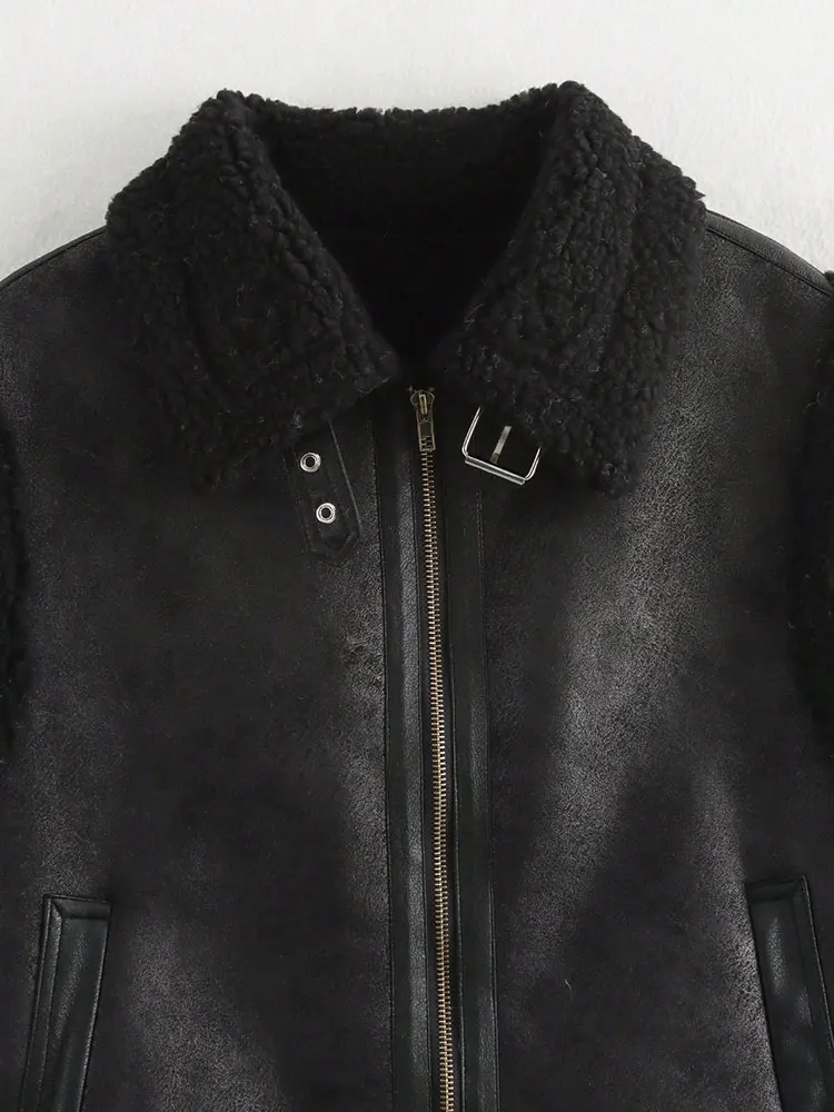 HH Women Vintage Black Faux Leather Fleece Waistcoats Sleeveless Zipper Vest Tops 2025 Autumn Winter Thick Warm Outwear