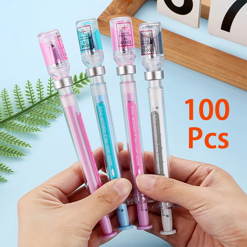 100Pcs Syringe Gel Pen Simulates Virus Elimination Injection Syringe Shape Vaccine Pen Stylos Nurse Pen