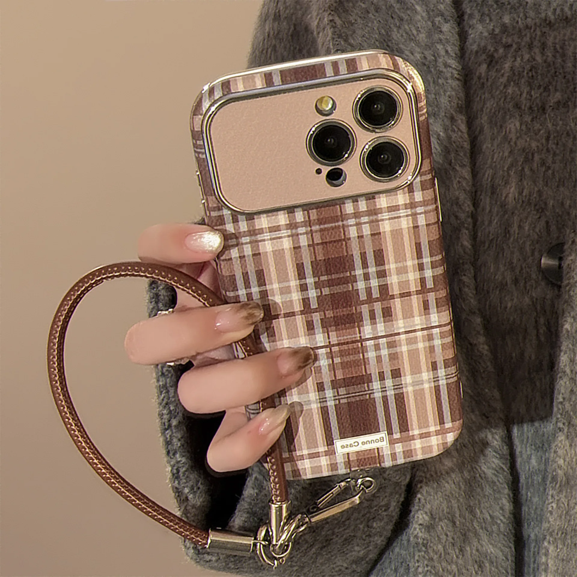 Korean Retro Brown Grid Pattern Electroplated Frame Phone Case for iPhone 16 15 14 11 12 13 Pro Max Wrist Strap Shockproof Cover