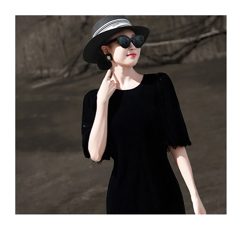 فستان نسائي مخملي من الحرير الطبيعي النقي بأكمام قصيرة ورقبة دائرية، يتميز بقطع قماش من الدانتيل، فستان طويل أنيق على الطراز النبيل. #5