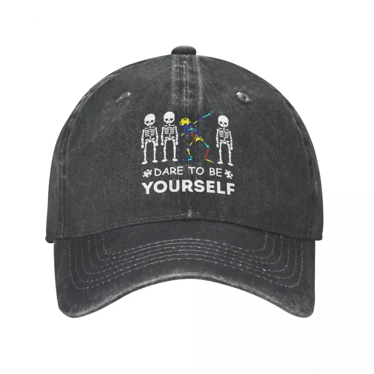 Dare To Be Yourself Autism Awareness Skeleton Dabbing Baseball Caps Distressed Cotton Snapback Cap Unstructured Soft Hats Cap