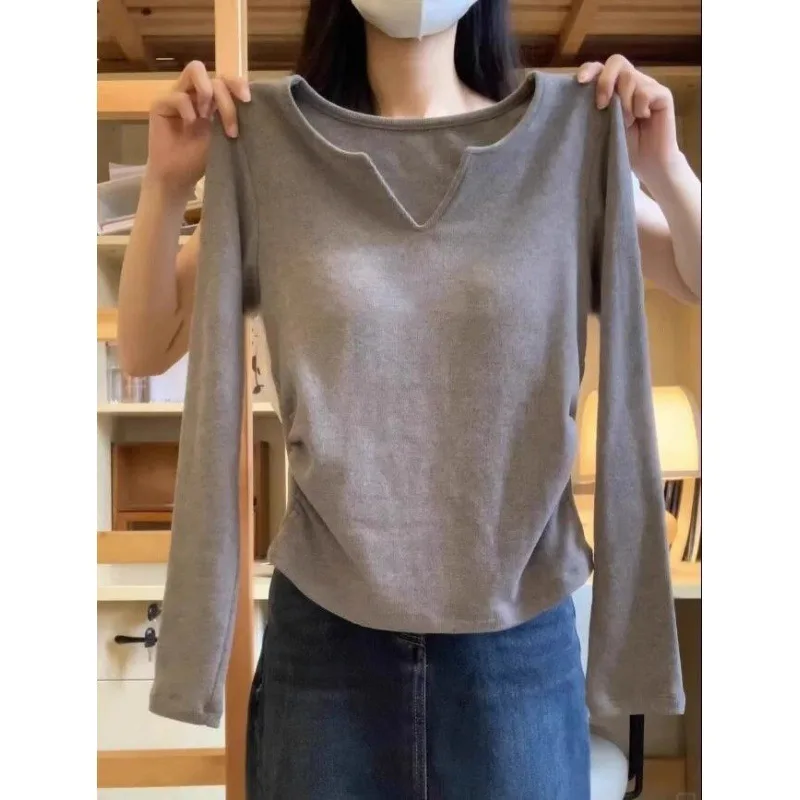 New Design Sense Niche V-neck Fleece Base Shirt Women's Small Shirt Short-sleeved Casual Simple Korean Top