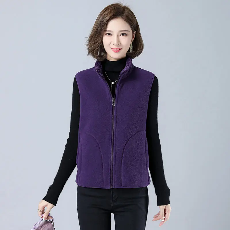 Double-Sided Vests Jacket Women Stand-Up Collar Waistcoat Autumn Winter New Thicken Warm Polar Fleece Slim Waistcoat Vest Female