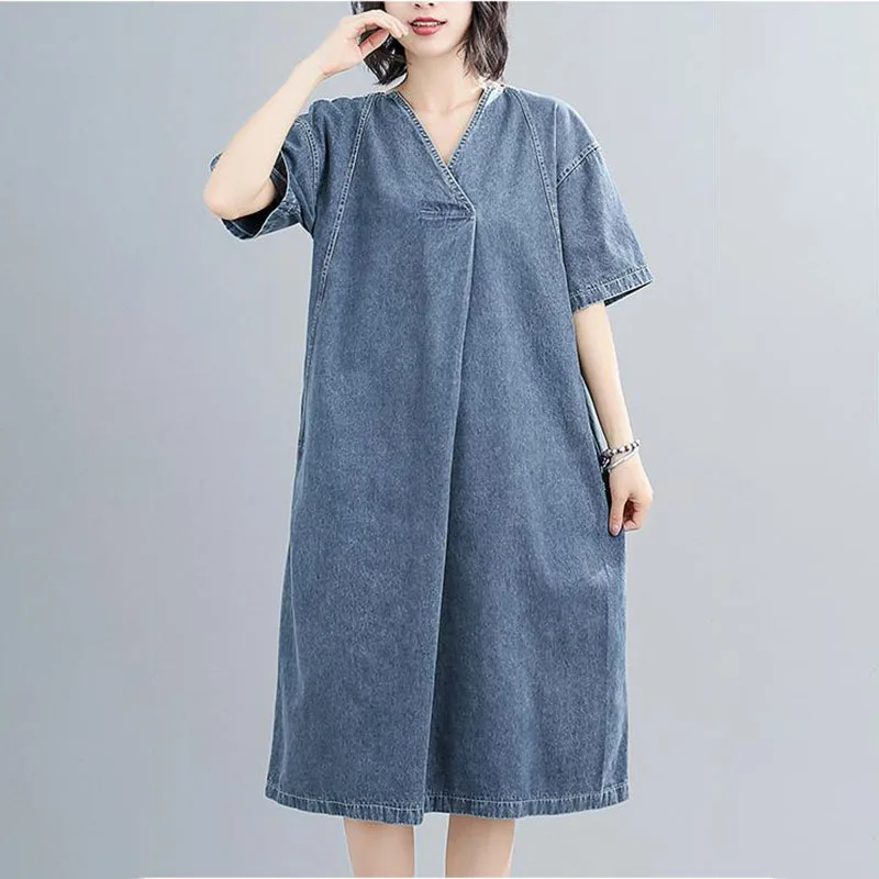 

New Large Size Women's Loose Short Sleeve Denim Dress Summer Long Casual Dresses Fashion Female Pullover Denim Dresses V-neck