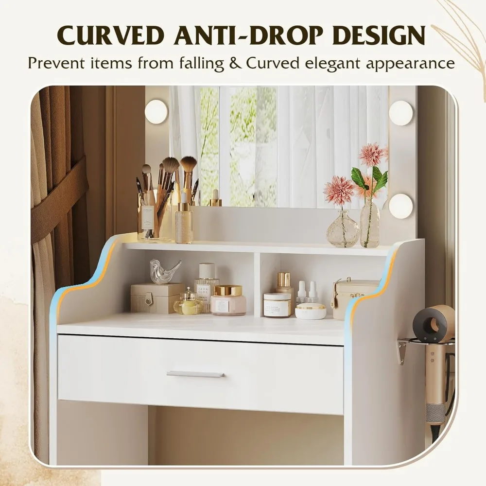 مكتب مكياج مع مرآة و3 أوضاع إضاءة، طاولة تخزين 23.8 مع أرفف لغرفة النوم