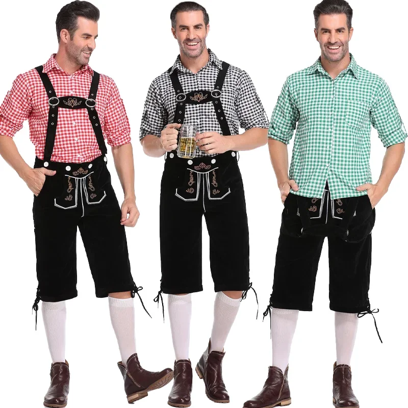 

Немецкий костюм на Октоберфест Lederhosen, клетчатая рубашка с коротким рукавом, подтяжки, полный комплект, костюм для пивного фестиваля, Хэллоуин, мужской костюм для косплея