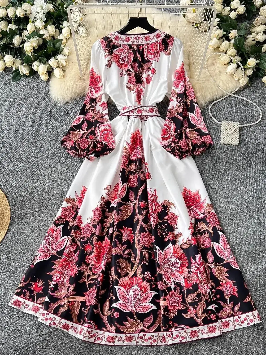 2025 Spring Autumn Holiday Flower Print Muslim Wrap Dress Women Cross V Neck Lantern Sleeve Lace Up Bandage Boho Long Vestido