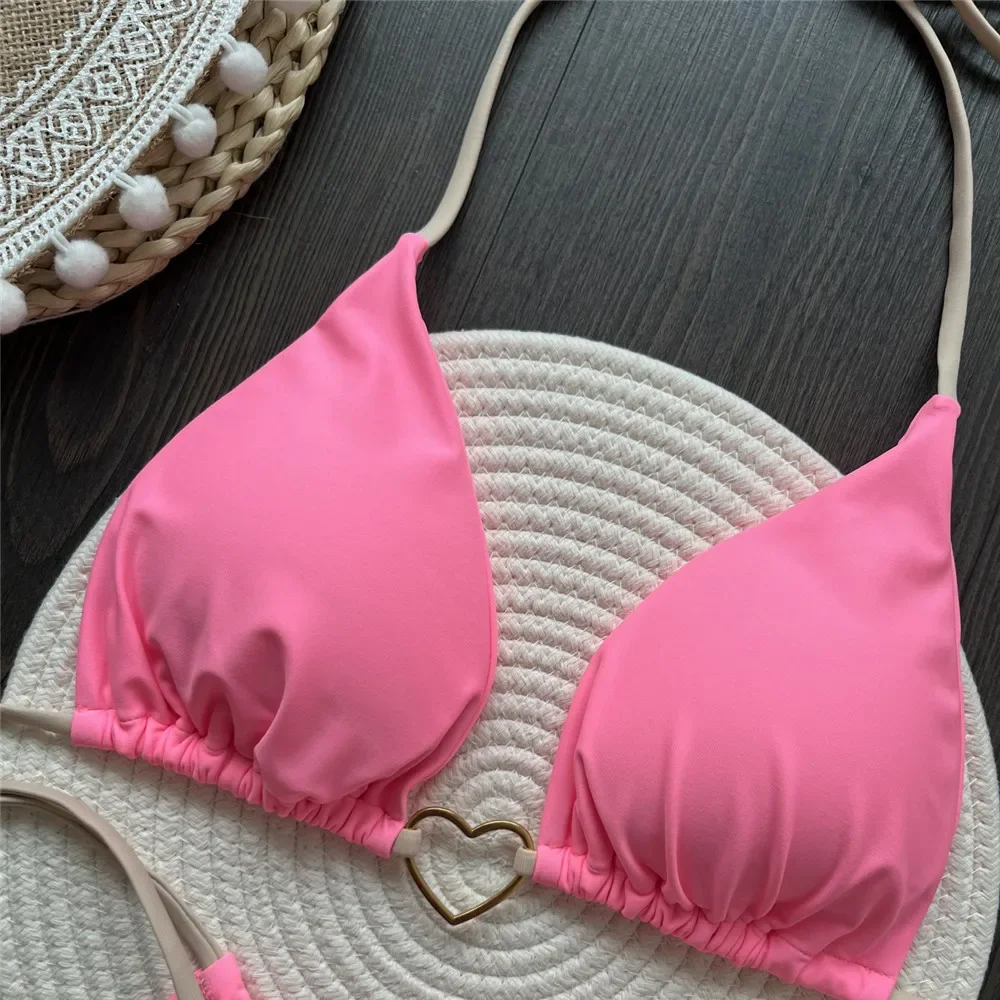 Pink String Halter Micro Bikini Thong Heart Ring Swimwear Sexy Swimsuit Women 2025 Bathing Suit Brazilian Triangle Bikinis Sets