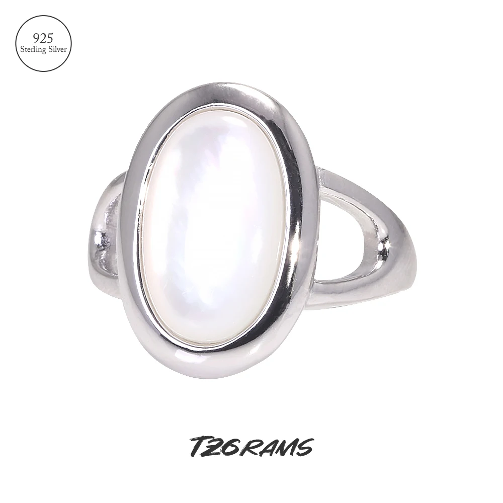 TZgrams 925 Sterling Silver White Shell Oval Finger Rings for Women Opening Type Girl Fashion Birthday Party Gift