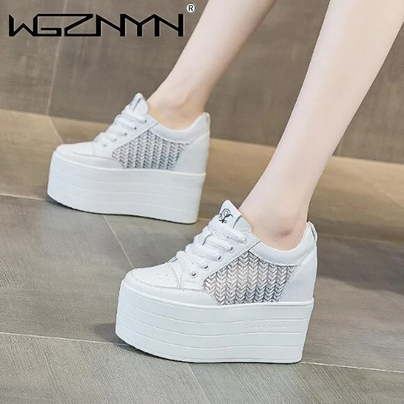 12cm nova malha de ar couro genuíno plataforma cunha apartamentos verão primavera bota tornozelo feminino alta marca branco moda sapatos salto alto