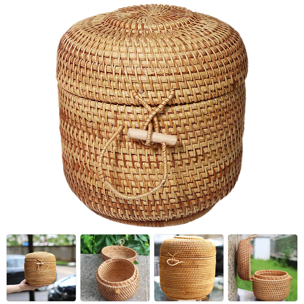 

s Rattan Storage Box 18x18cm Tea Holder Woven Basket Round Design Material Fruit Candy Snack Container Kitchen Decor