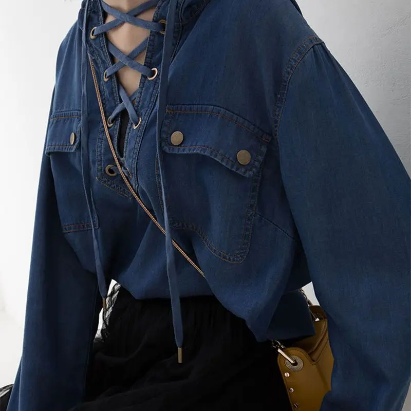 Oversized Blouses Hooded Bandage Pockets Patchwork Solid Color Shirts Casual Loose Fashion Vintage Denim Tops Women Clothes 2023