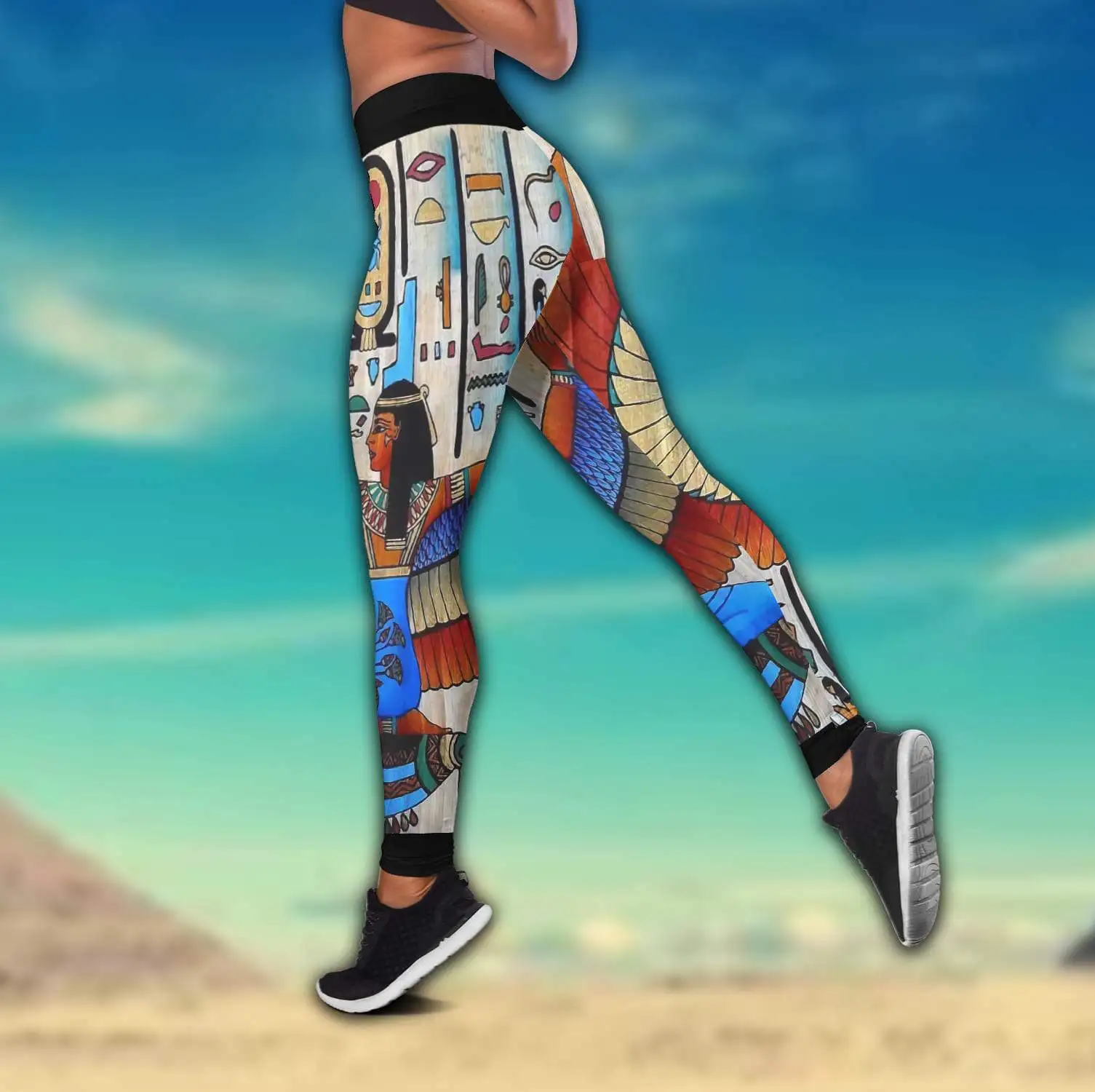 Egyptian Ancient Queen Pattern 3D Printed Hollow Tank Top & Leggings Set Fitness Female Full Length Leggings Yoga Pants LKB-34