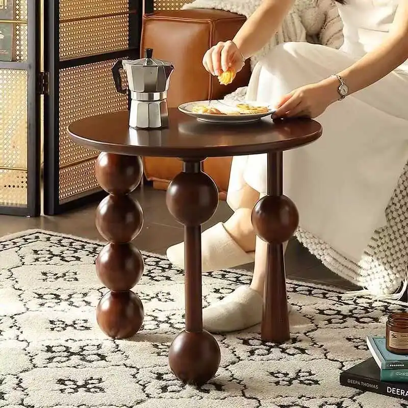 French Light Luxury Walnut Coffee Table Vintage Round Storage End Table Solid Wood Sofa Nightstand Living Room Bedside Accent