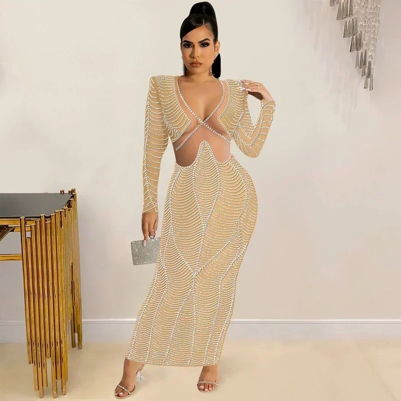 GUWU Langarm Sheer Mesh Patchwork Kristall Maxi Kleid Damen Glamour Strass Langes Kleid Bandage Sexy Party Clubwear
