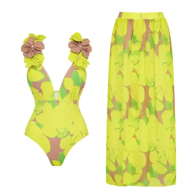 

2024 trend Woman Deep V Lemon Printed Swimsuit set two-piece Swimwear Women luxury Beachwear Bathing Suit beach dress wholesale