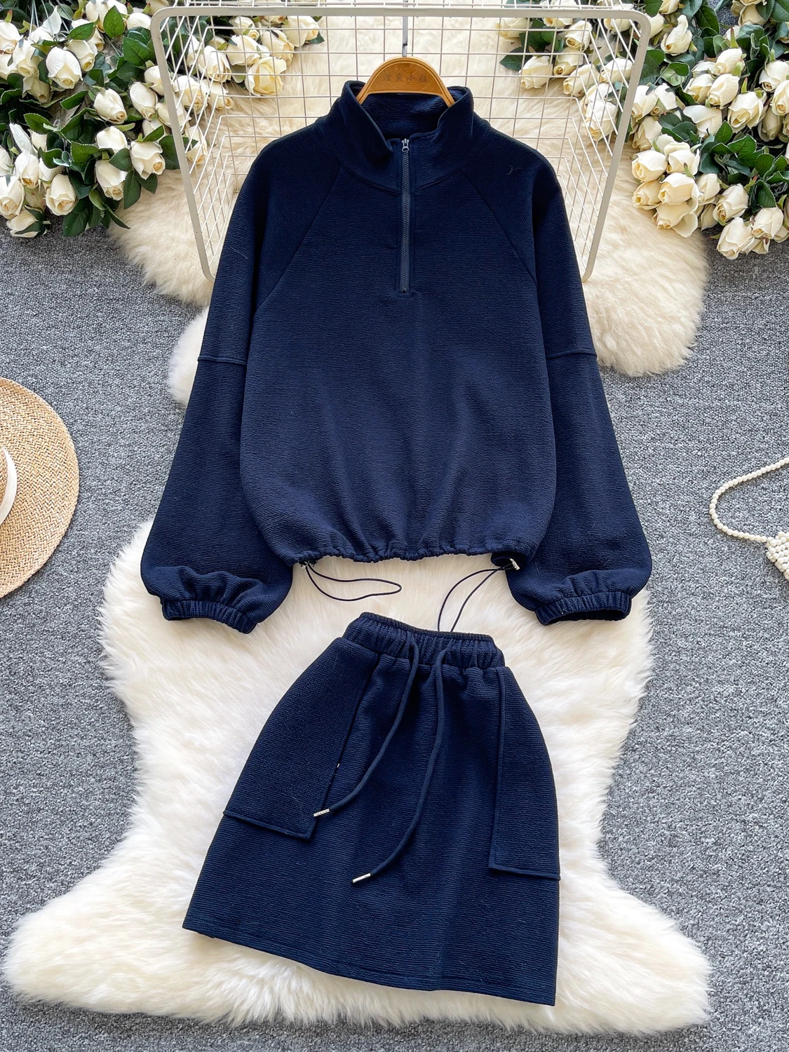 

Popular Niche Sportswear Set for Women Loose Casual Drawstring Stand Collar Long Sleeve Sweatshirt High Waist A-Line Mini Skirt