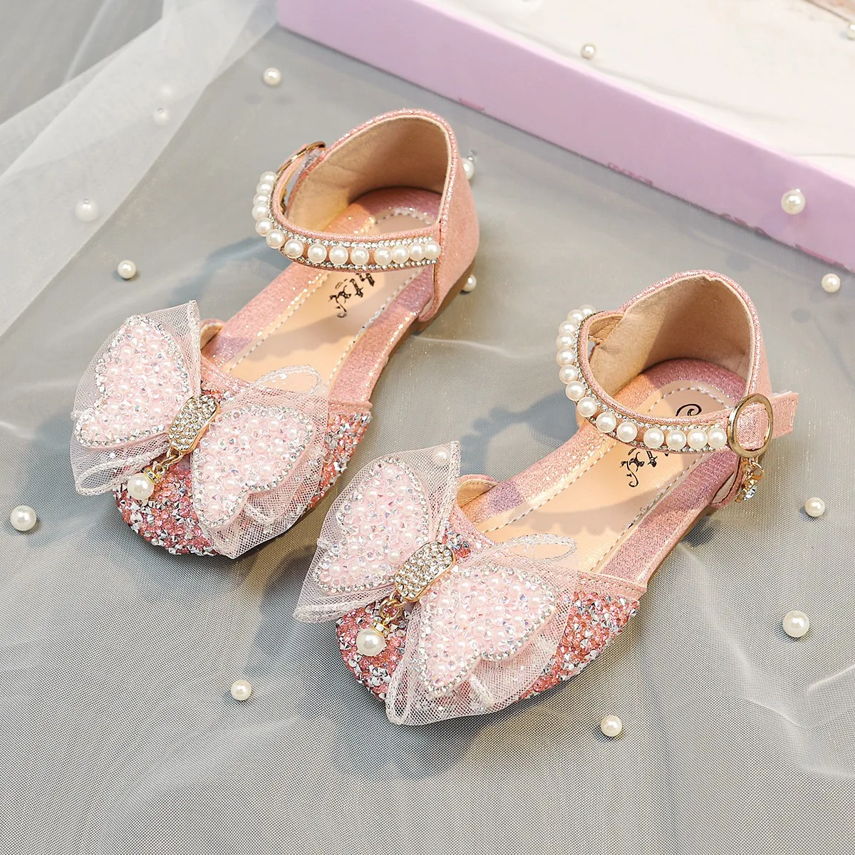 Girls Glitter Princess Sandals Rhinestone Butterfly Pearl Ankle Strap Soft Flat Shoes For Party Dress Matching